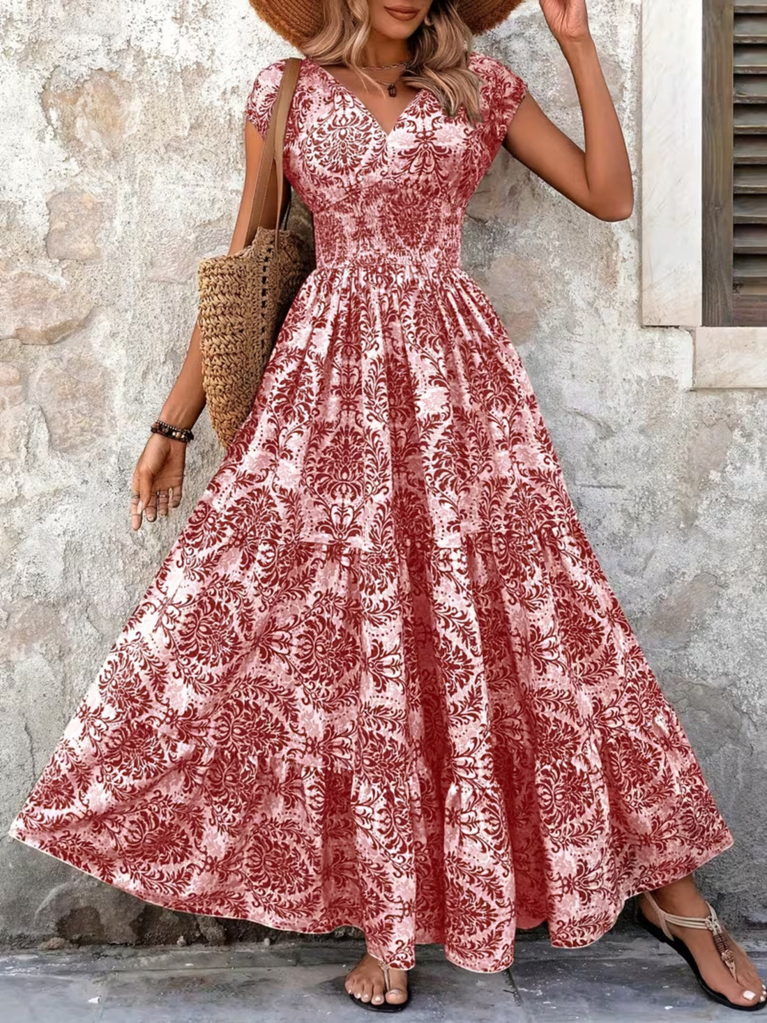 Printed Cap Sleeve Maxi Dress - cas7m
