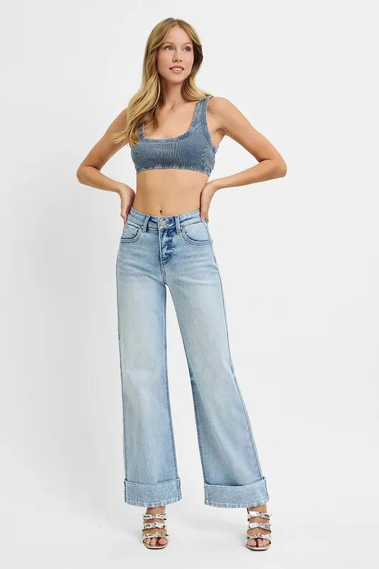 RISEN Full Size Tummy Control High Rise Ankle Wide Cuffed Jeans Plus Size - cas7m
