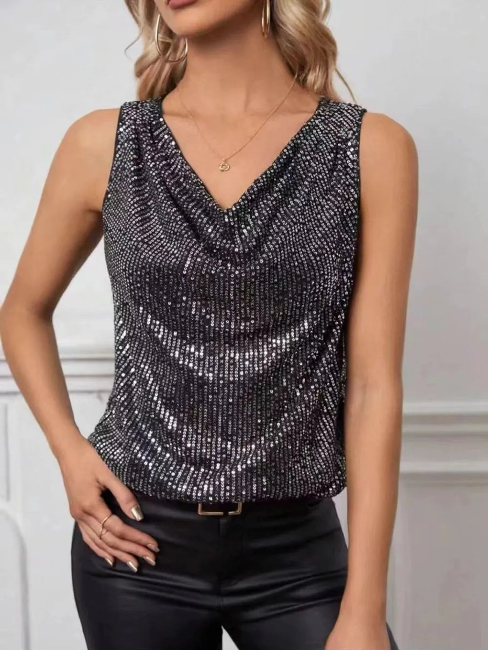 Sequin Cowl Neck Tank - cas7m