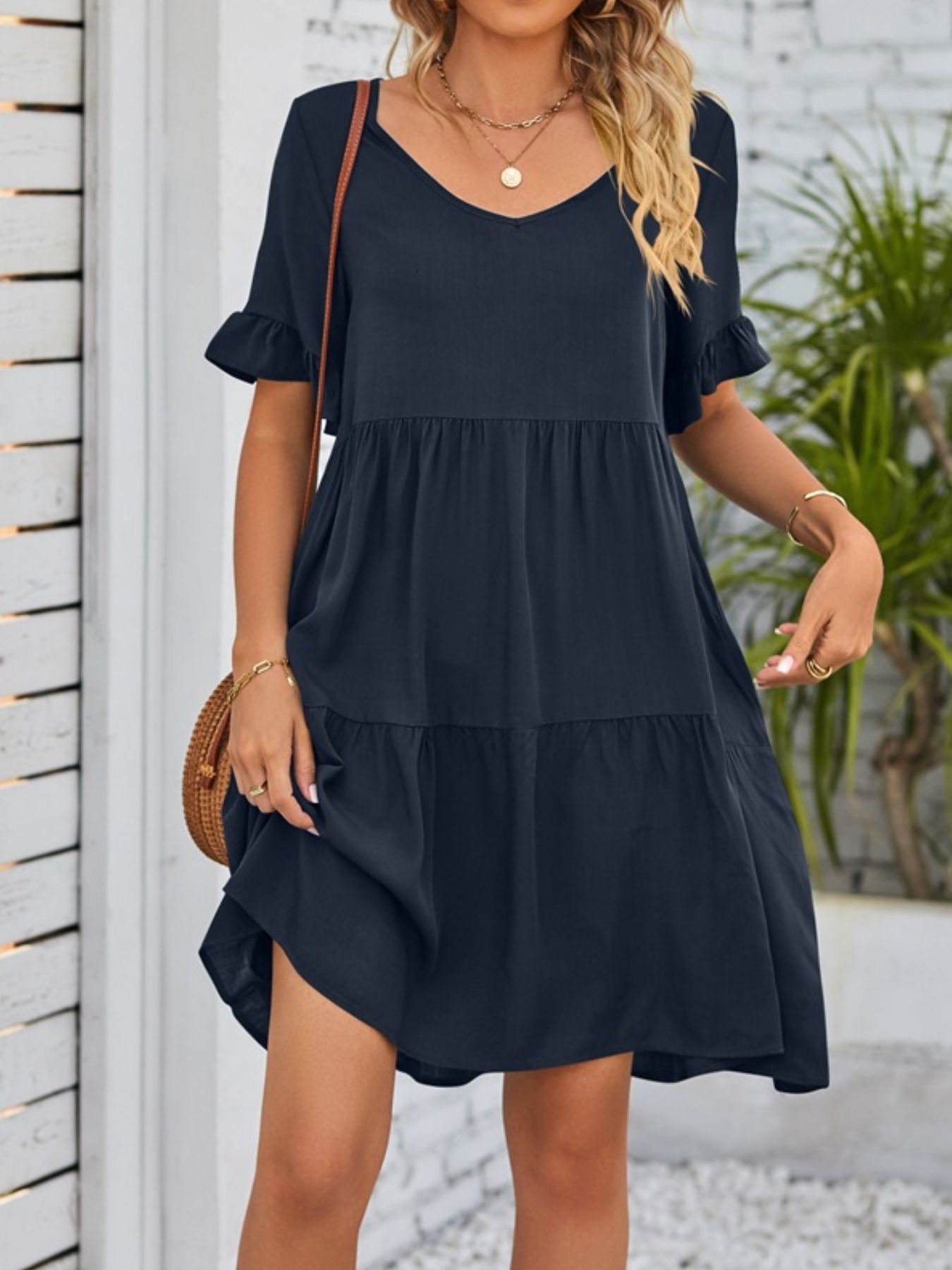 Ruffled Sleeve Tiered Mini Dress - cas7m