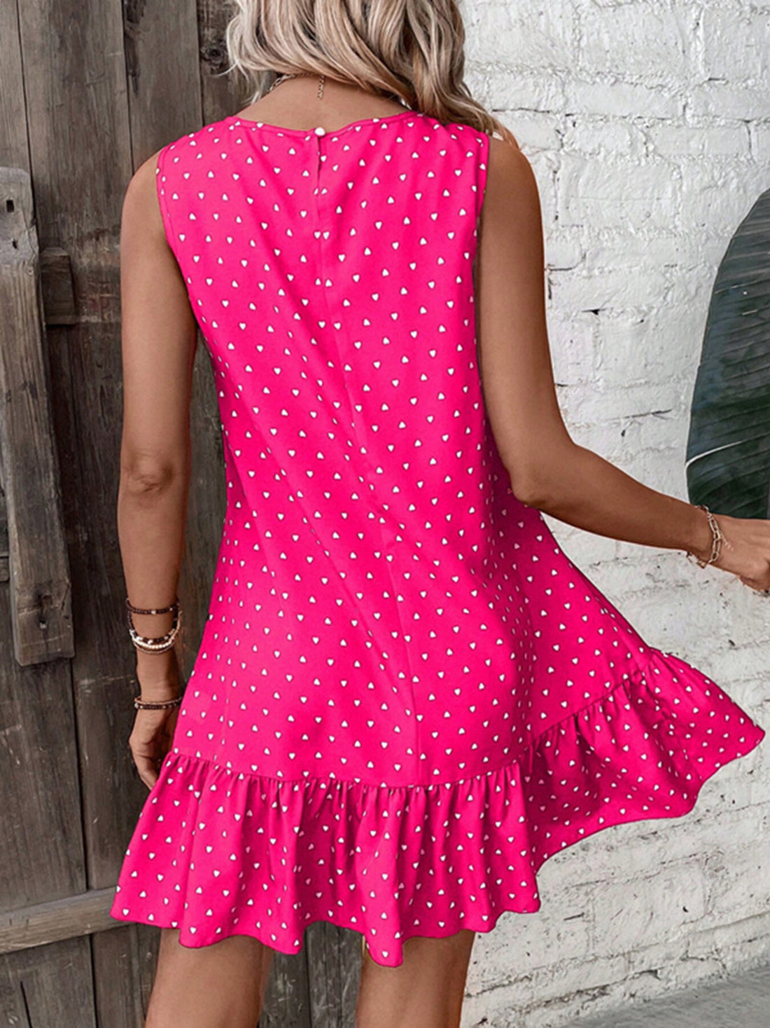 Heart Print Sleeveless Ruffle Hem Mini Dress - cas7m