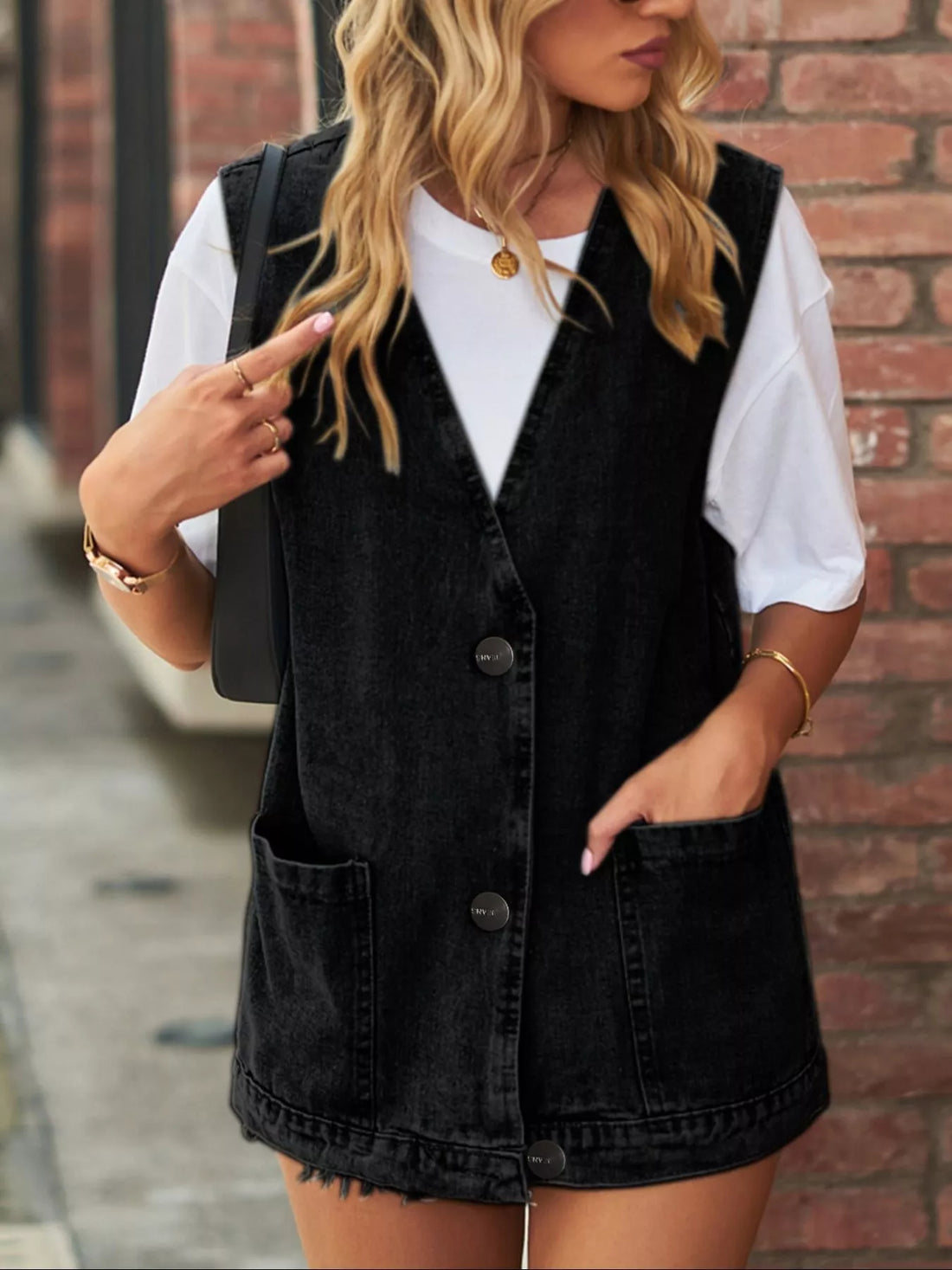 Sleeveless Button-Down Denim Jacket Vest - cas7m