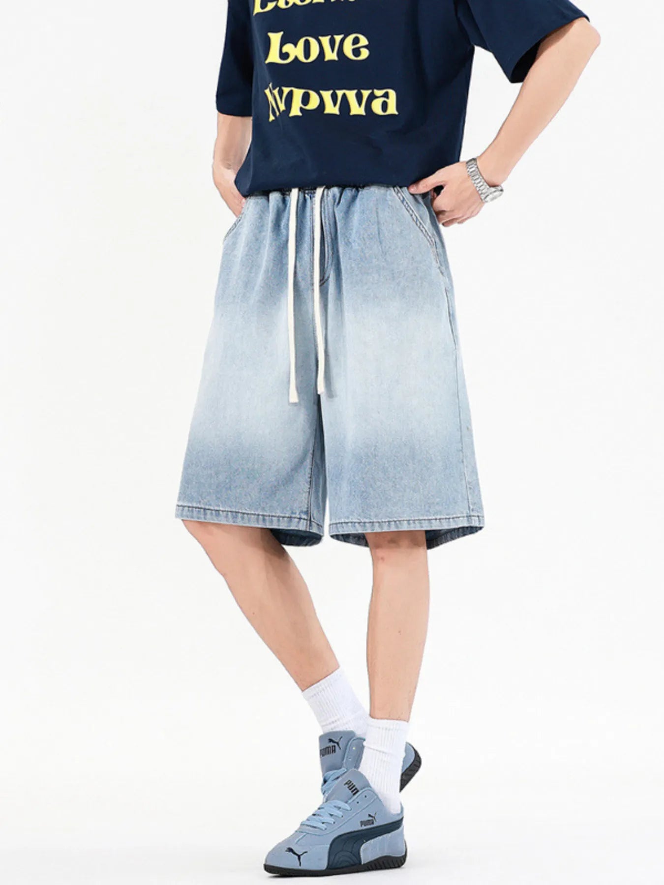 Men's Full Size Drawstring Loose Fit Denim Shorts Plus Size - cas7m