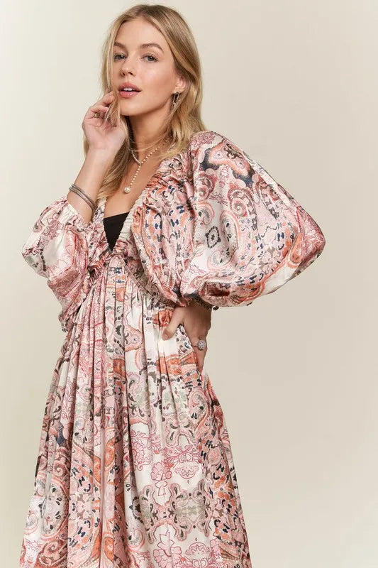 ADORA Printed V-Neck Batwing Sleeve Dress - cas7m