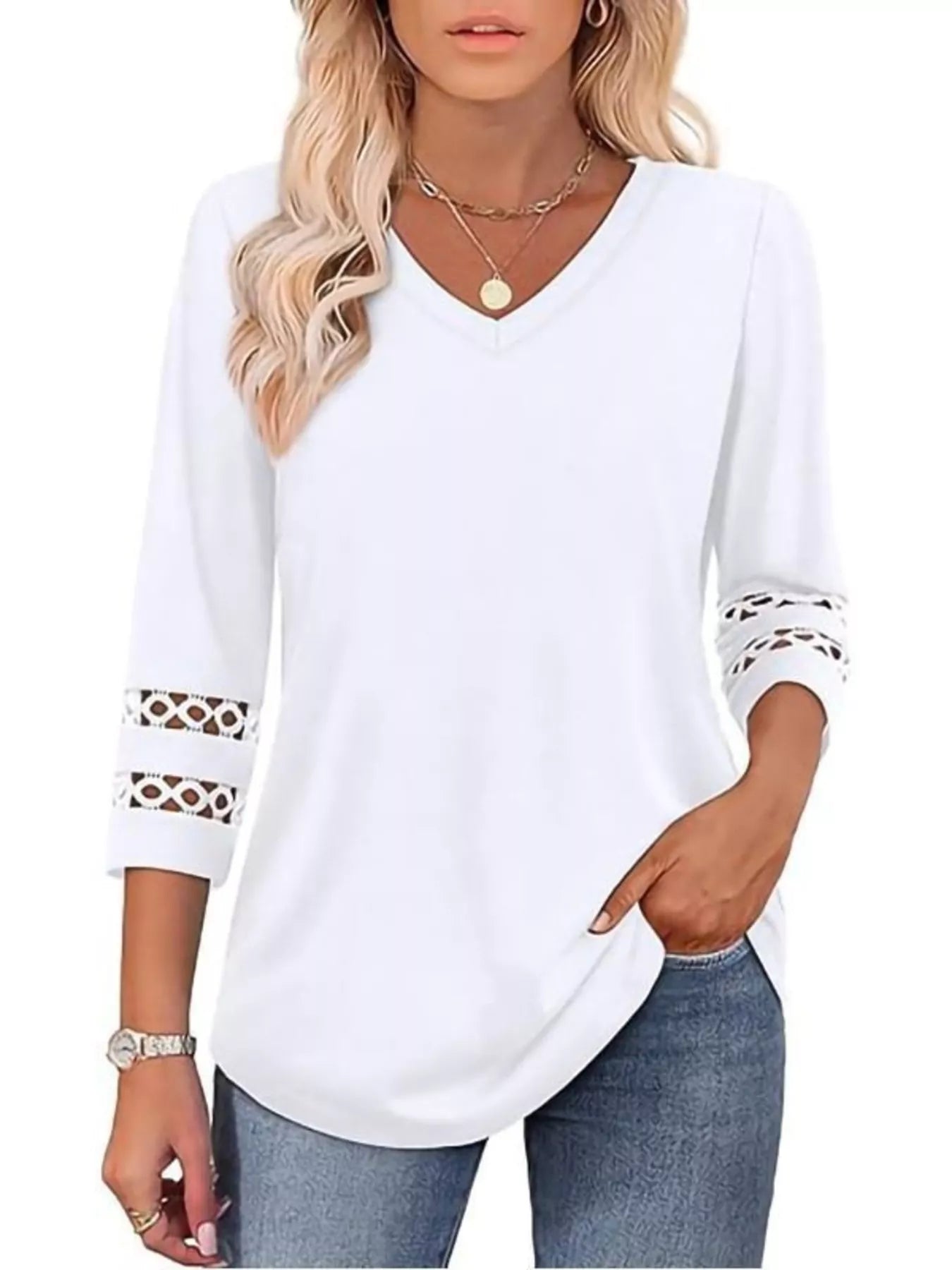 Full Size V-Neck 3/4 Sleeve T-Shirt Plus Size - cas7m