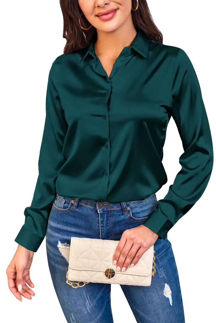 Women Silky Long Sleeve Button Down Shirts Formal Work Dress Shirt Satin Blouses Tops (X-Large Dark Blue Green)