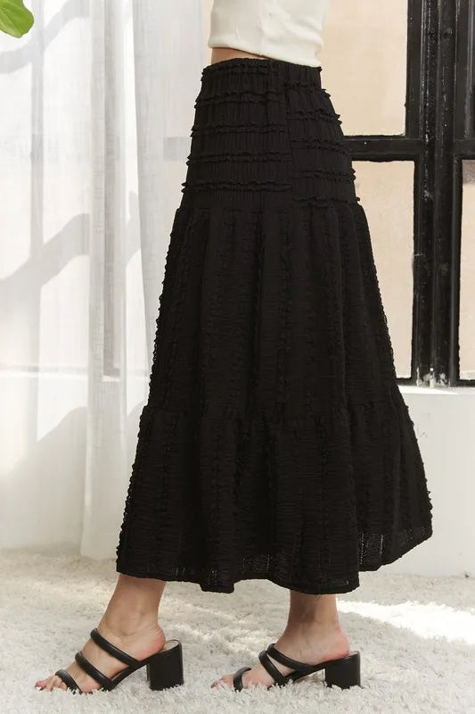 ADORA Elastic Waistband Tiered Midi Skirt - cas7m