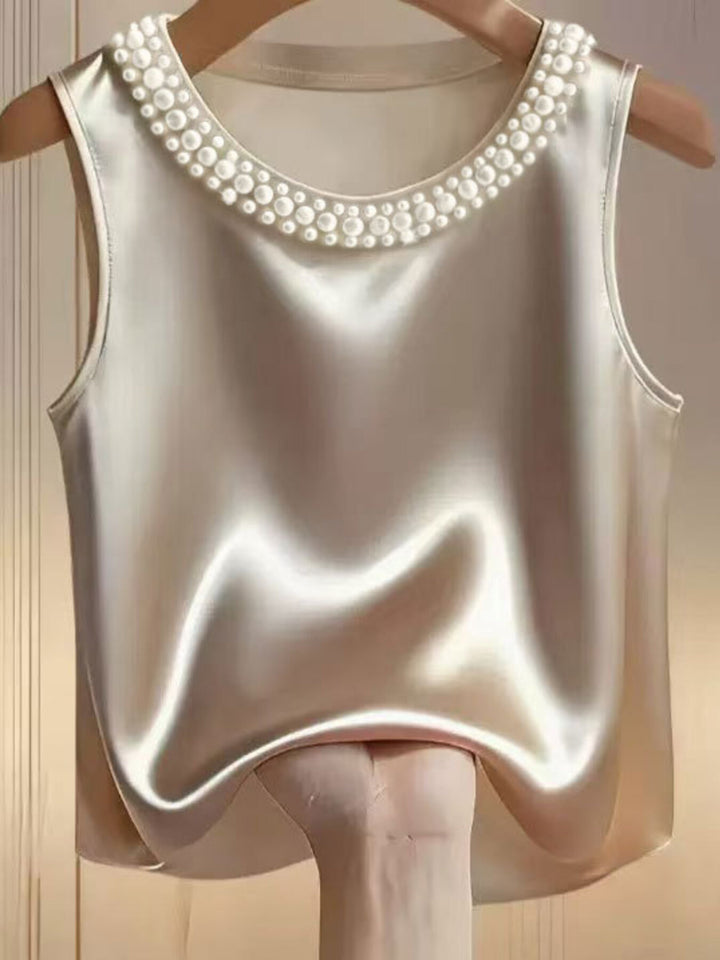 Pearl Embellished Satin Tank Top - cas7m