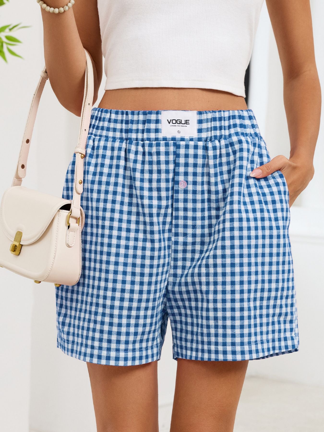 Gingham Elastic Waist Casual Shorts - cas7m