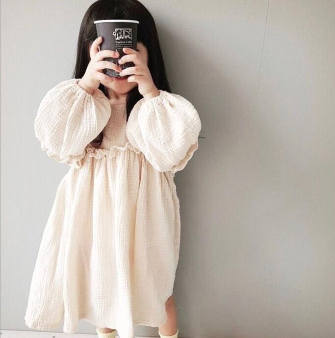 Girls' Cotton And Linen Bubble Long Sleeve Korean Style Dress - cas7m