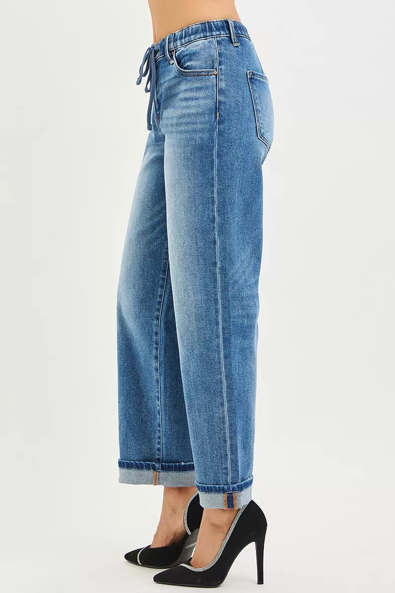 RISEN Elastic Band Slouch Ankle Boyfriend Cuffed Hem Jeans - cas7m