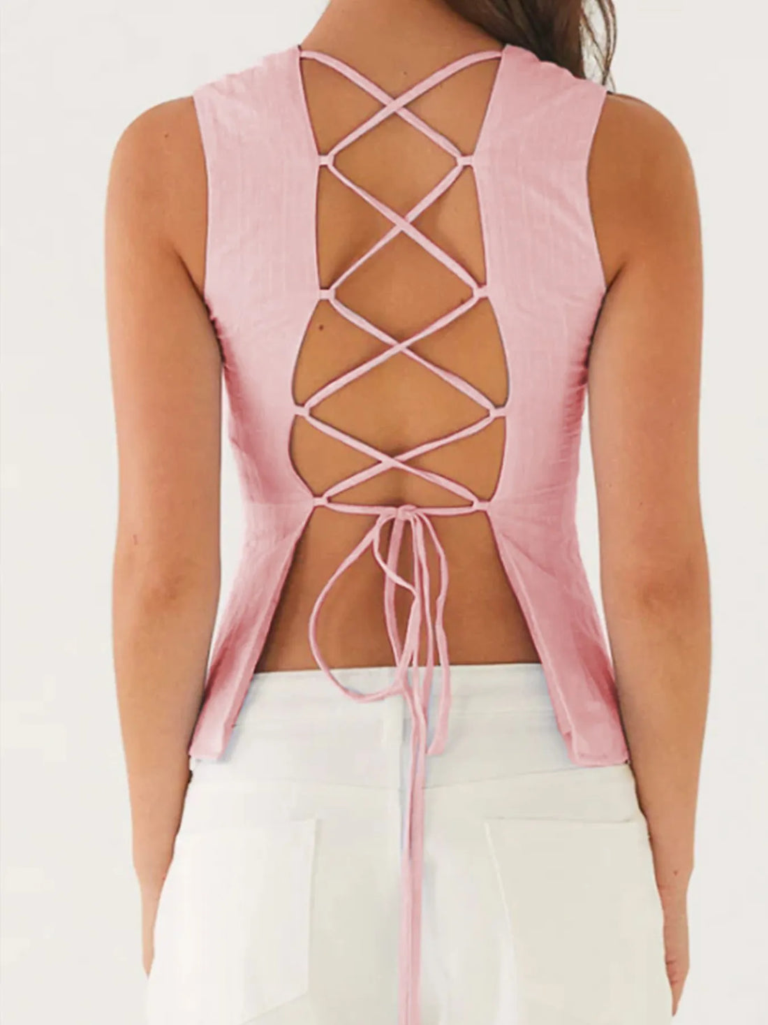 Back Lace Up Sleeveless Top with Cinched Waist Design - cas7m