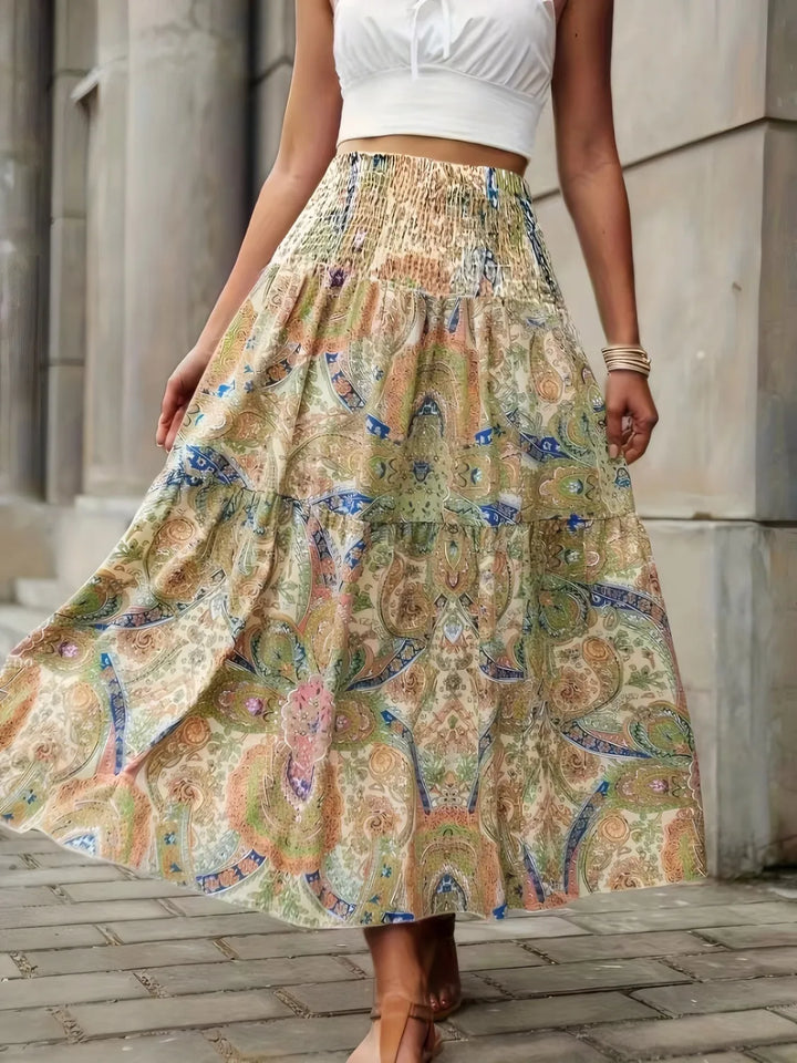 Smocked Printed High Waist Skirt - cas7m
