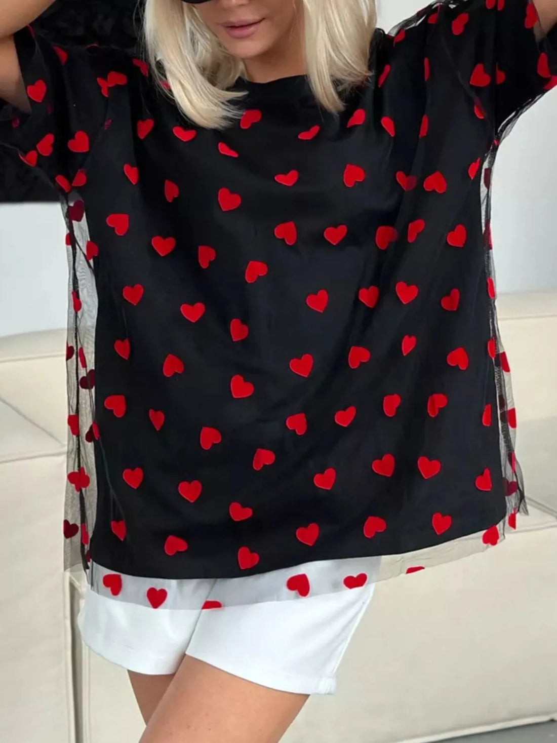 Heart Print Oversized T-Shirt - cas7m