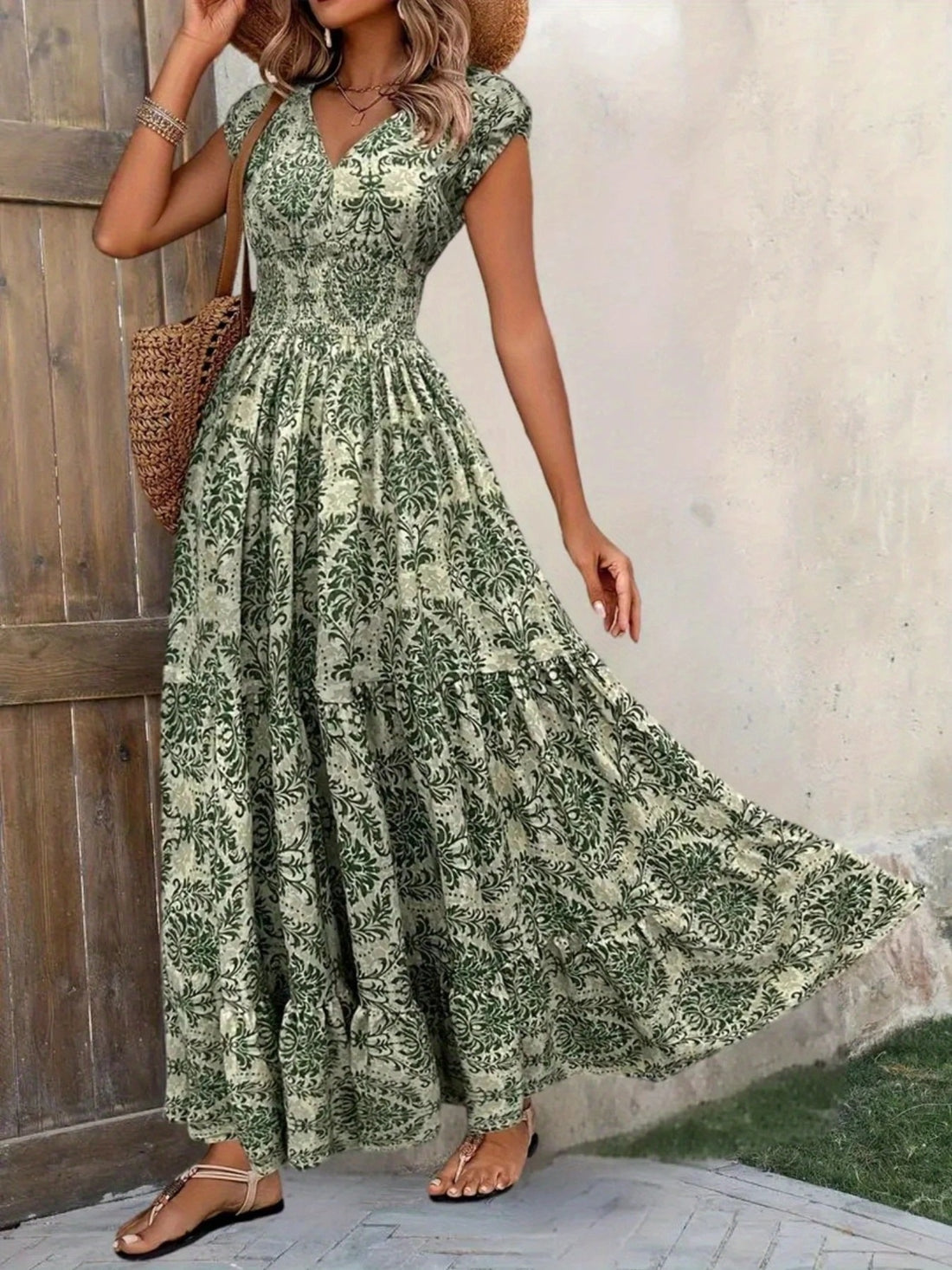 Printed Cap Sleeve Maxi Dress - cas7m