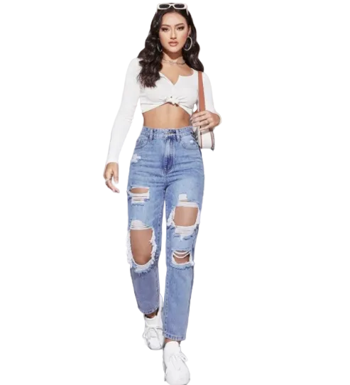 Wide Leg Distressed High Waist Women's Denim Jeans