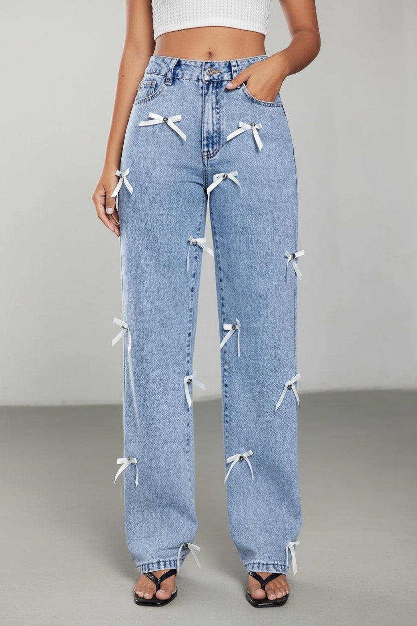 Bow Decor High Waist Wide Leg Jeans - cas7m