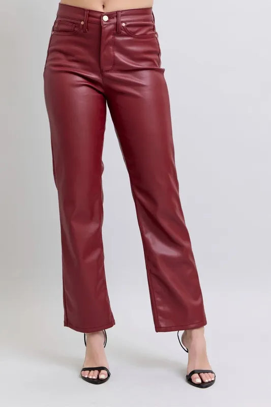 Judy Blue Full Size High Waist Tummy Control Faux Leather Straight Pants Plus Size - cas7m