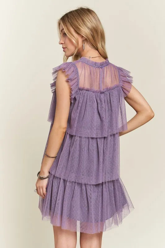ADORA Layered Ruffled Cap Sleeve Mesh Dress - cas7m