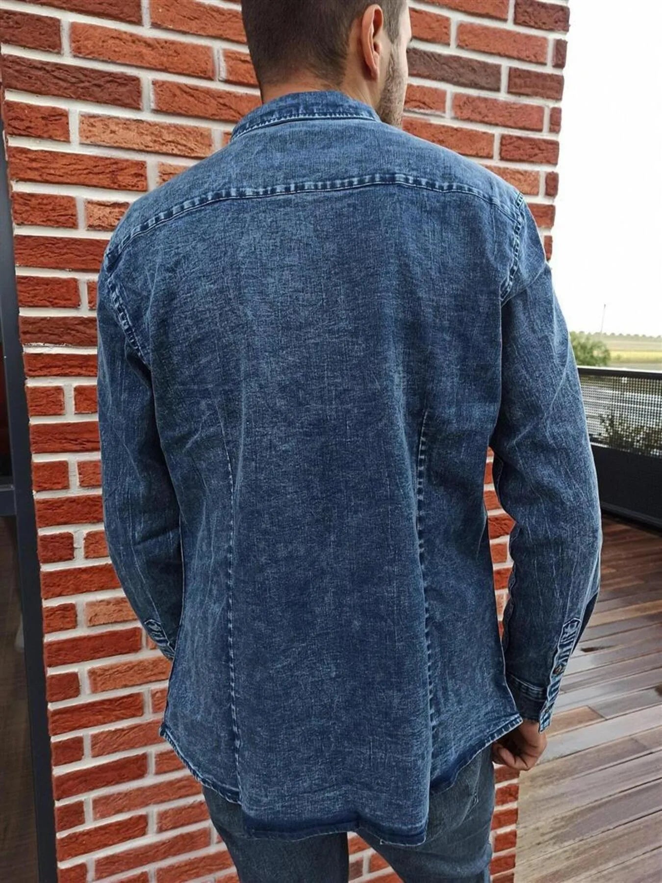 Men's Button Up Long Sleeve Denim Shirt - cas7m