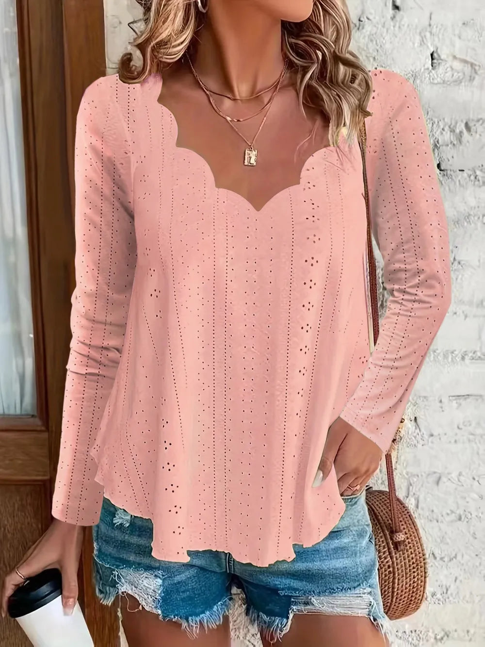Eyelet Long Sleeve Blouse - cas7m
