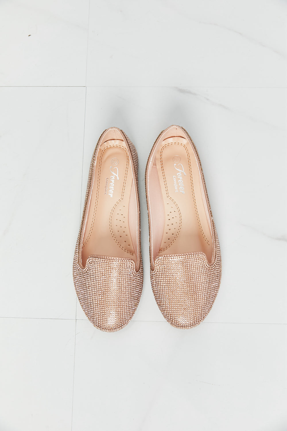 Forever Link Rhinestone Round Toe Flats in Rose Gold - cas7m