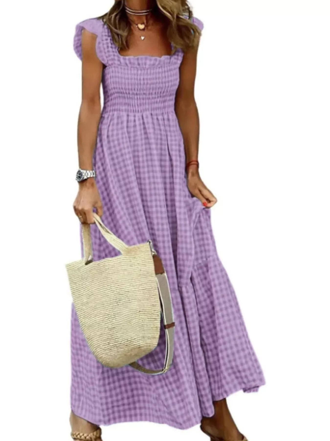 Full Size Gingham Smocked Ruffle Maxi Dress Plus Size - cas7m