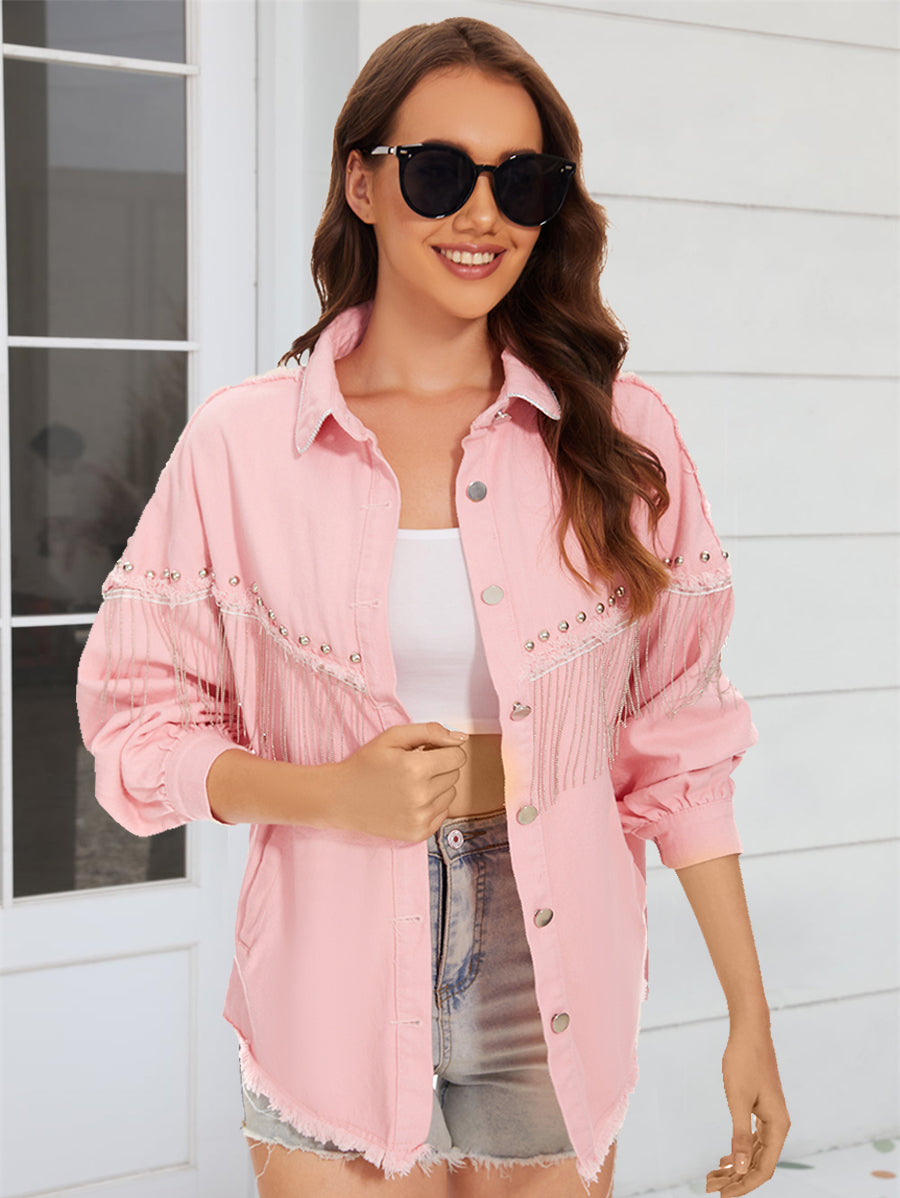 Raw Hem Fringe Detail Denim Jacket - cas7m