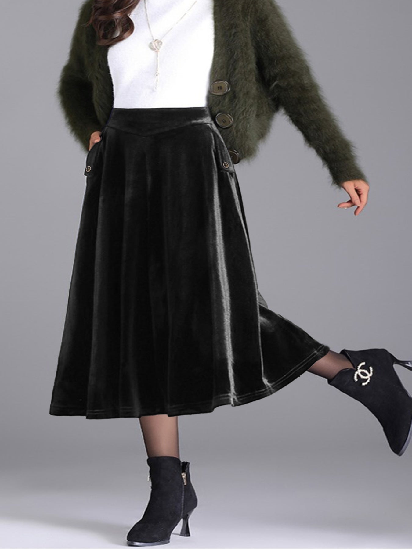 Plus Size Elegant Velvet A-Line Midi Skirt - cas7m