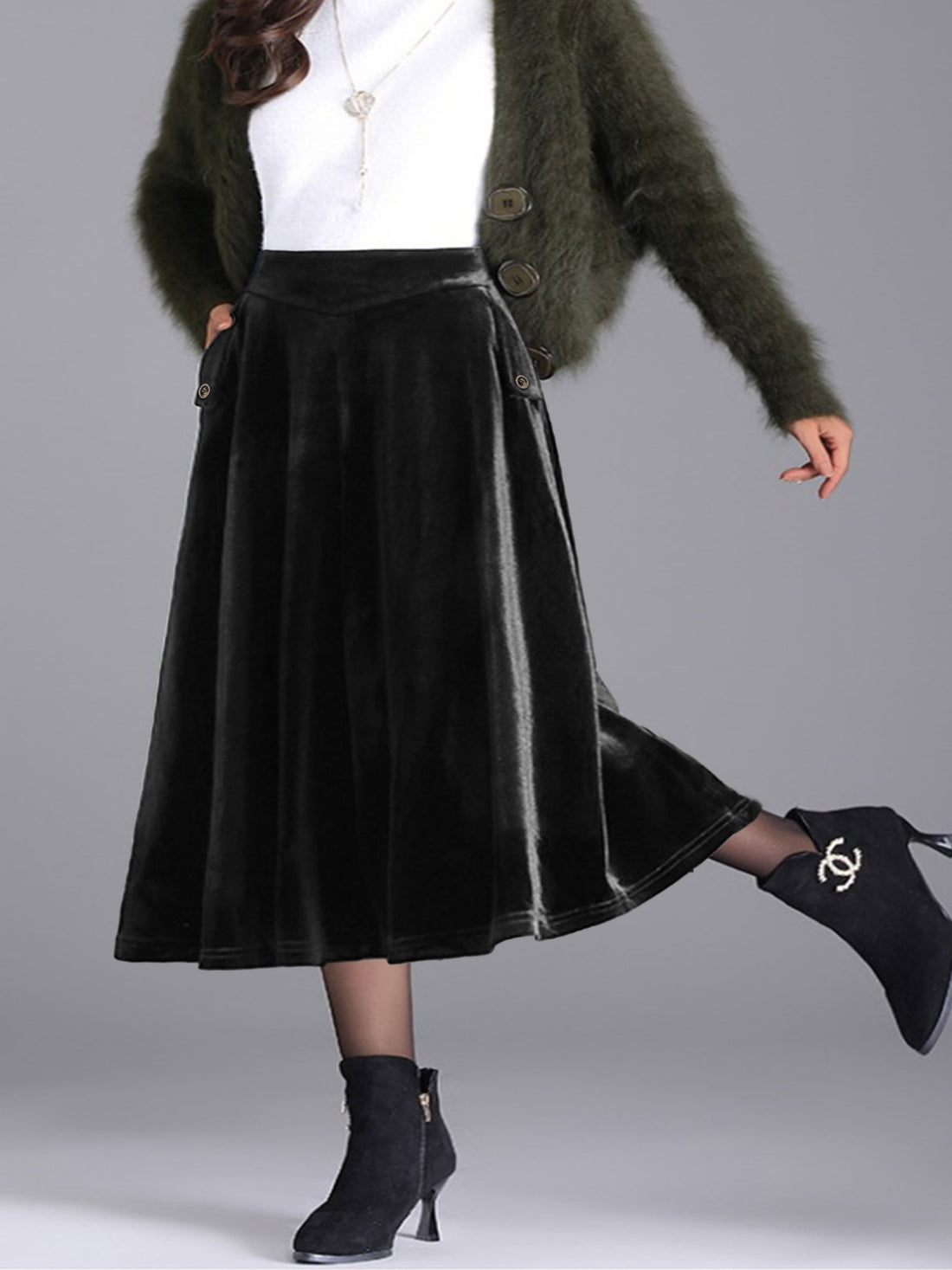 Plus Size Elegant Velvet A-Line Midi Skirt - cas7m