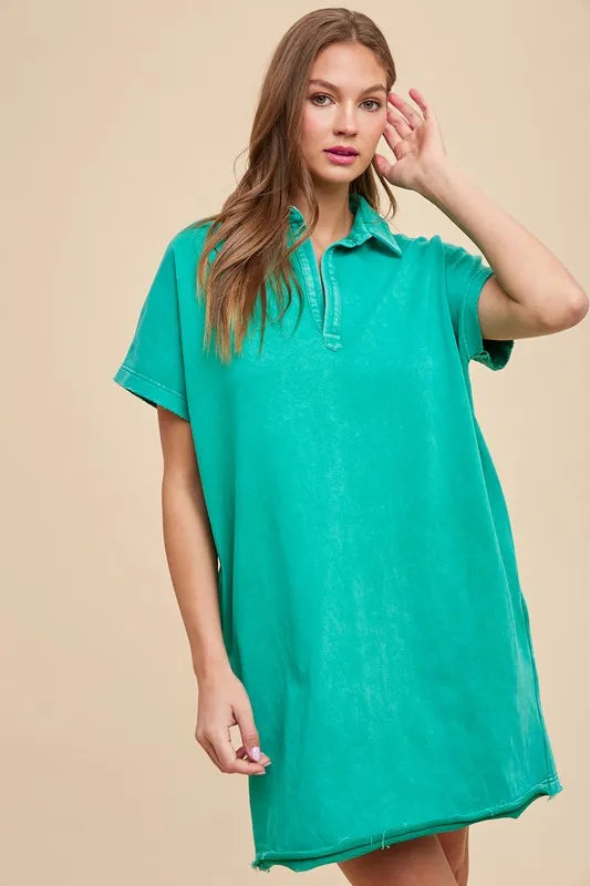 Annie Wear Mineral Washed Johnny Collar Short Sleeve Dress - cas7m