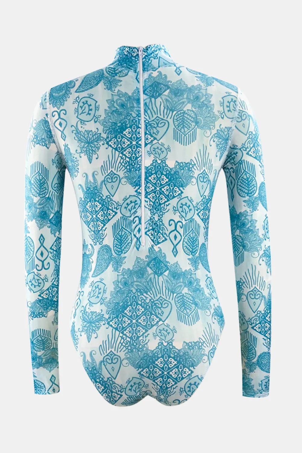 Printed Mock Neck Long Sleeve One-Piece Swimwear - cas7m