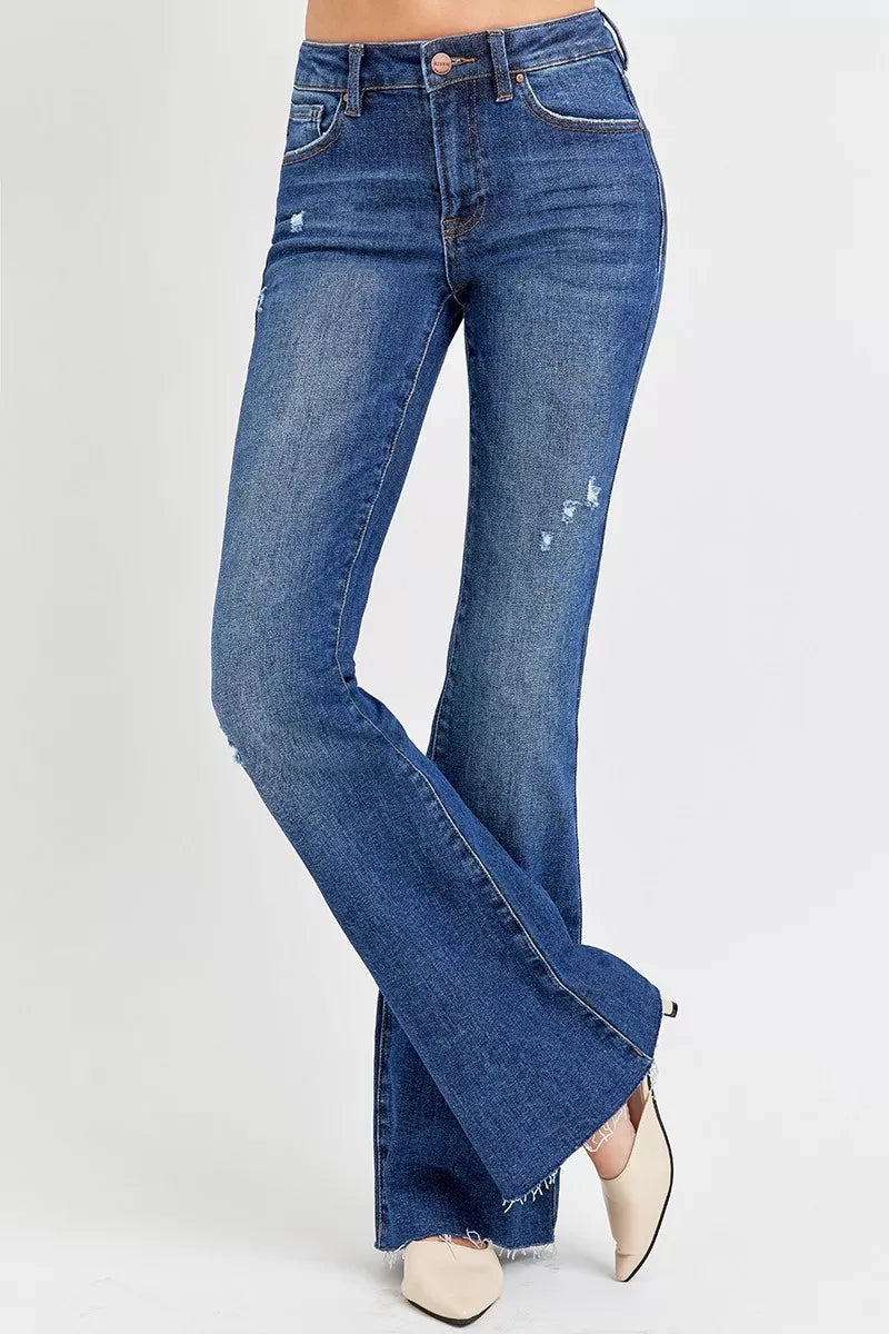 RISEN Full Size Distressed Mid Rise Flare Jeans Plus Size - cas7m