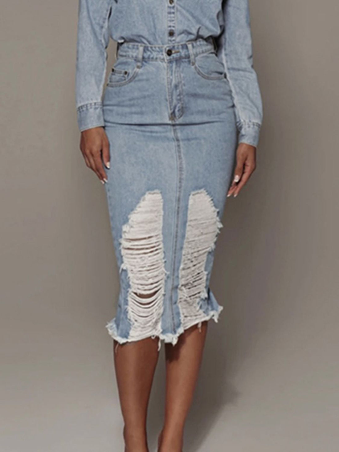 Distressed Slit Denim Skirt - cas7m