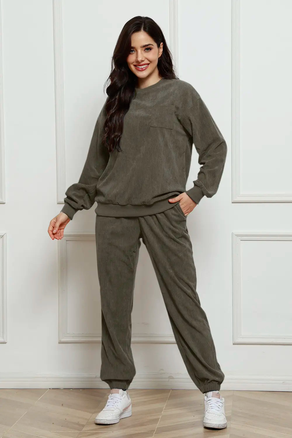 Corduroy Round Neck Sweatshirt and Sweatpants Set - cas7m