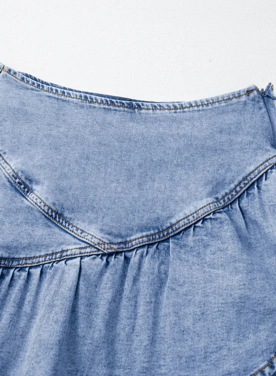Asymmetric Ruffle Overlay Denim Mini Skirt - cas7m