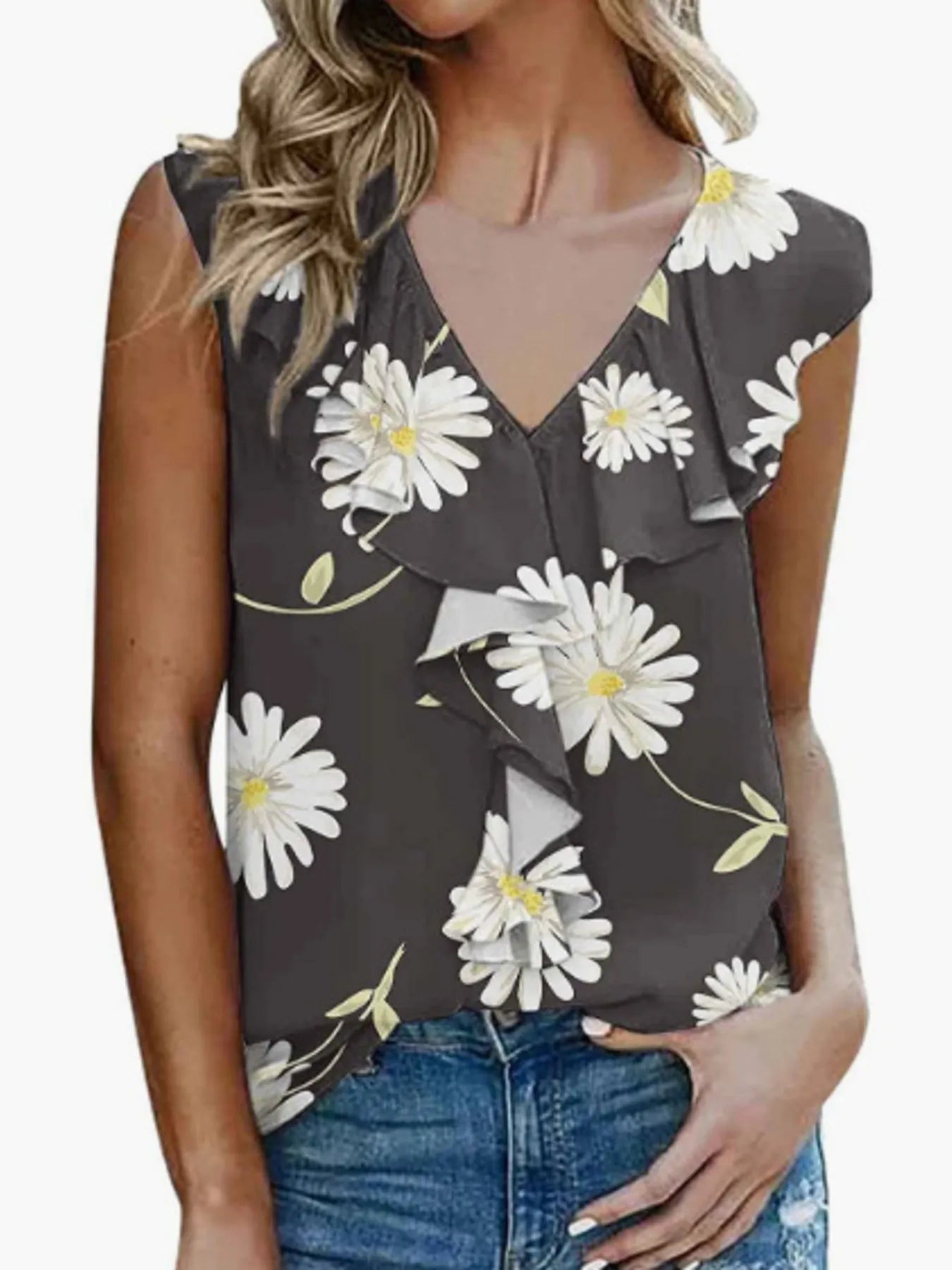 Printed V-Neck Tank - cas7m