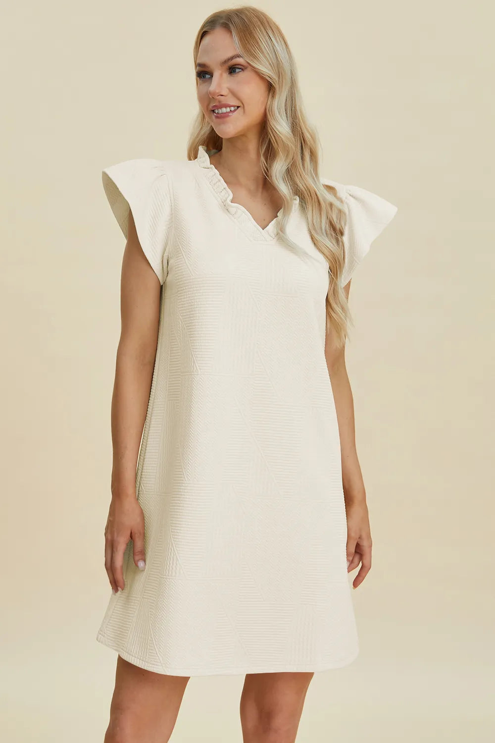 Double Take Full Size Ruffled V-Neck Cap Sleeve Dress - cas7m