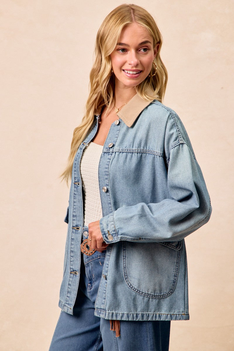 BiBi Washed Denim Jacket with Contrast Collar Detail - cas7m
