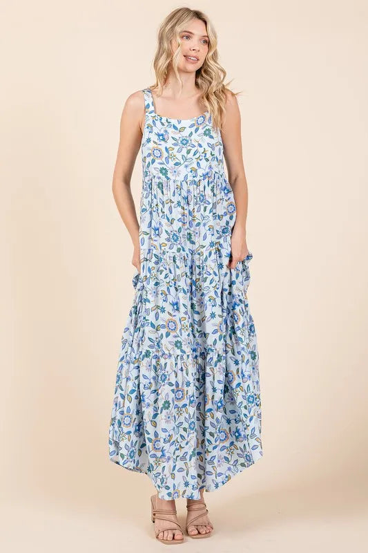 Mittoshop Flower Print Tiered Sleeveless Empire Maxi Dress - cas7m