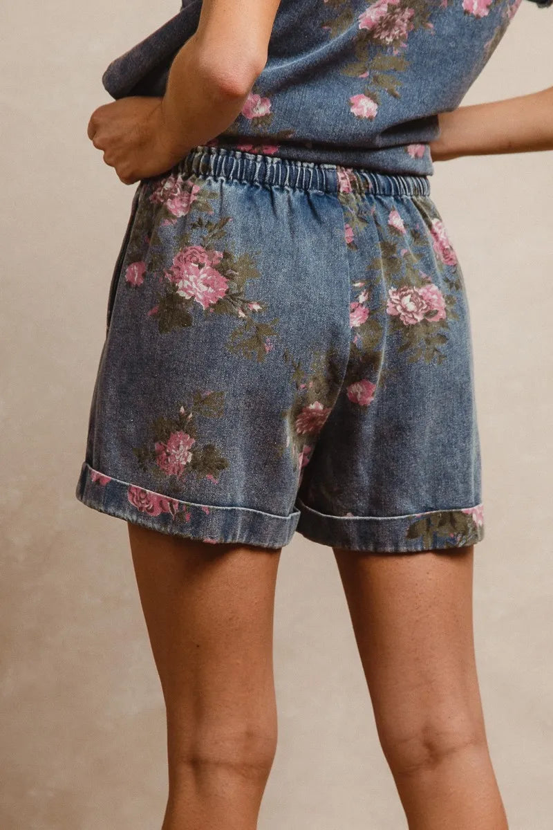 BiBi Floral Printed Denim Short Pants With Pocket - cas7m