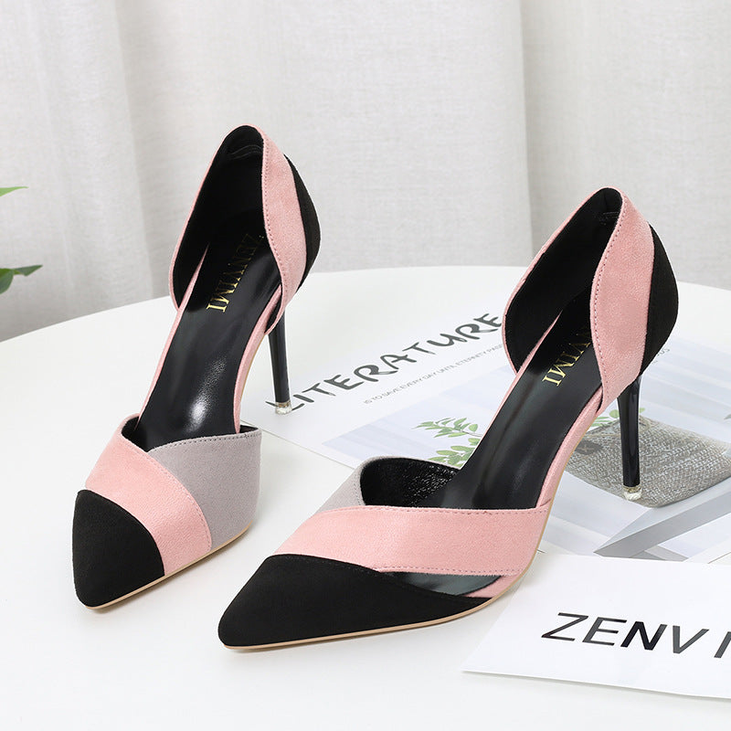 289-8 Color Block Hollow Pointed Toe High Heels