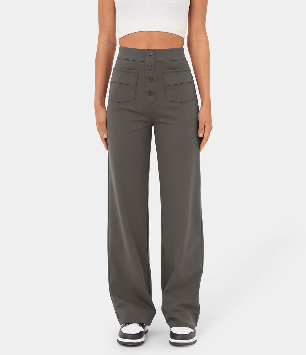 High Waist Trousers With Pockets Casual Loose Wide Leg Button Straight Pants Women's Clothing - cas7m