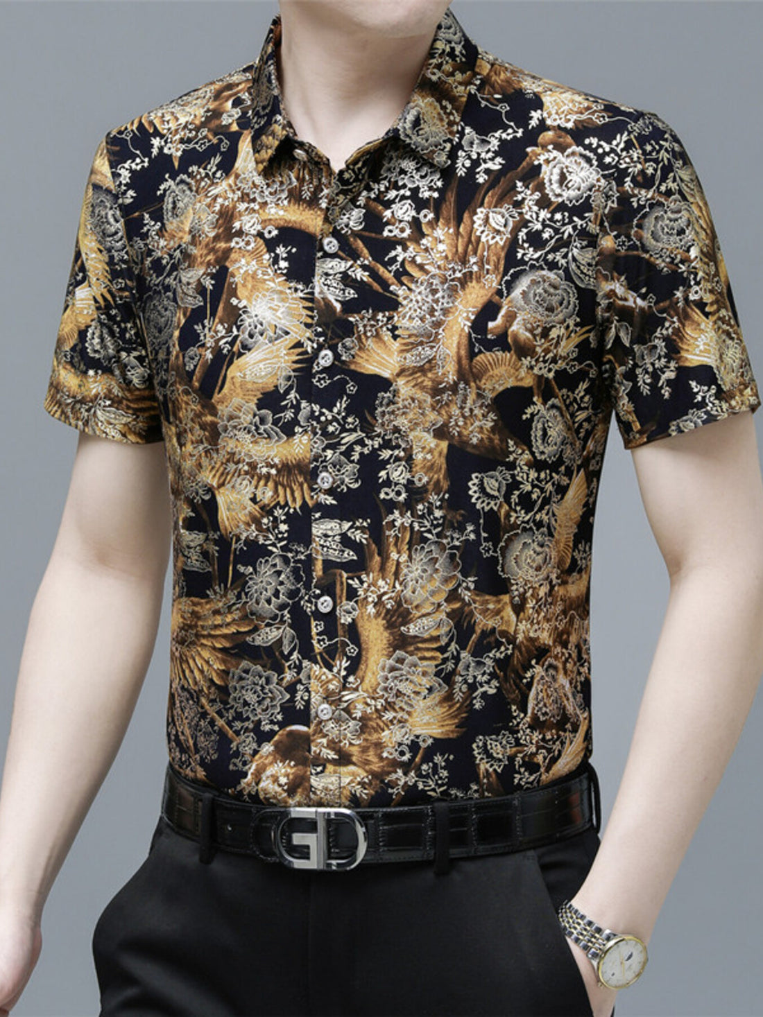 Men's Plus Size Printed Button Up Short Sleeve Shirt - cas7m