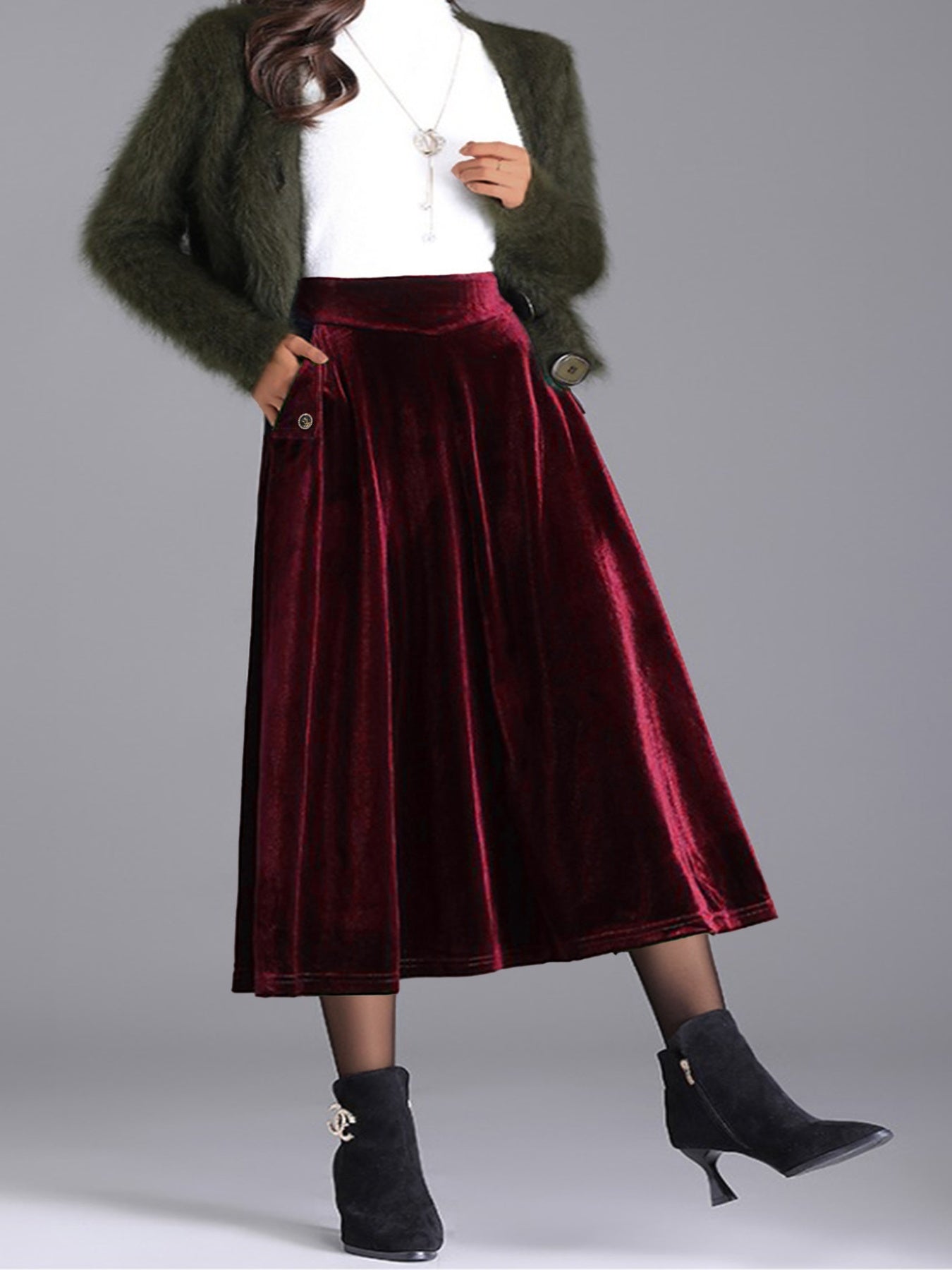 Plus Size Elegant Velvet A-Line Midi Skirt - cas7m