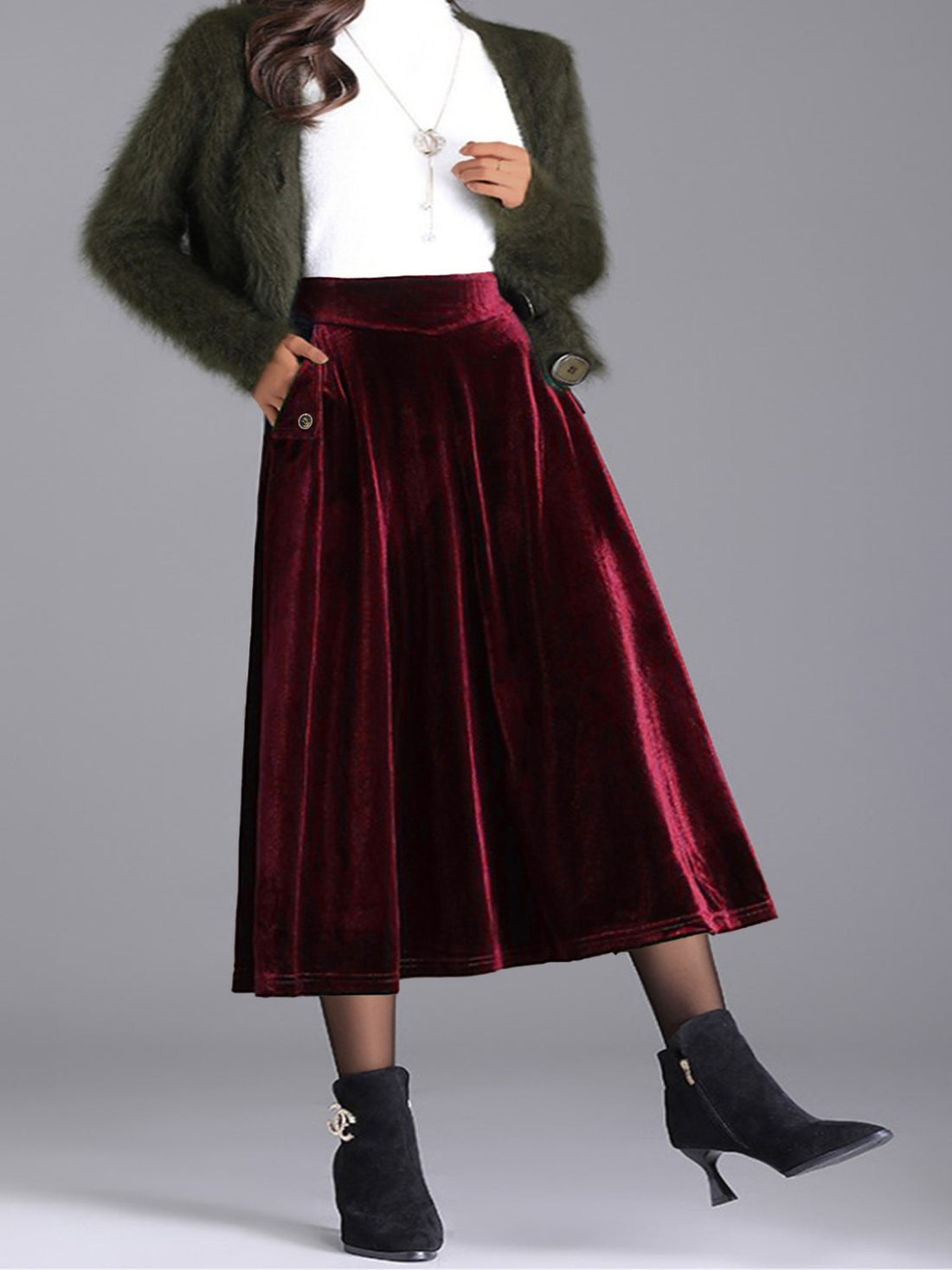 Plus Size Elegant Velvet A-Line Midi Skirt - cas7m