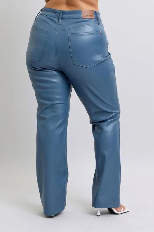 Judy Blue Full Size High Waist Tummy Control Faux Leather Bootcut Pants Plus Size - cas7m