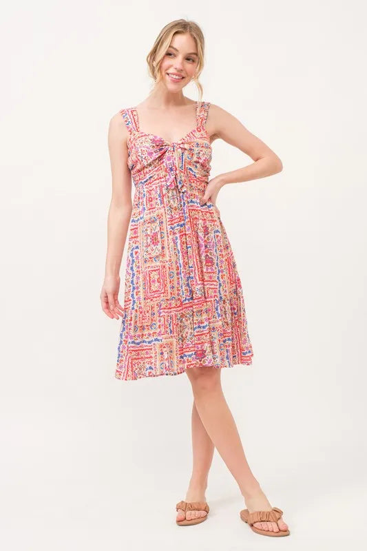 And The Why Tied Front Smocked Back Tiered Boho Printed Dress - cas7m