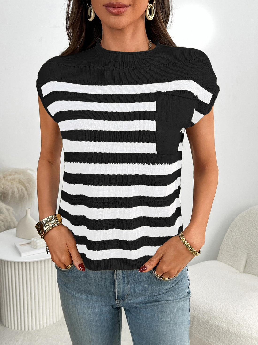 Striped Knit Pocket Detail Cap Sleeve Sweater - cas7m