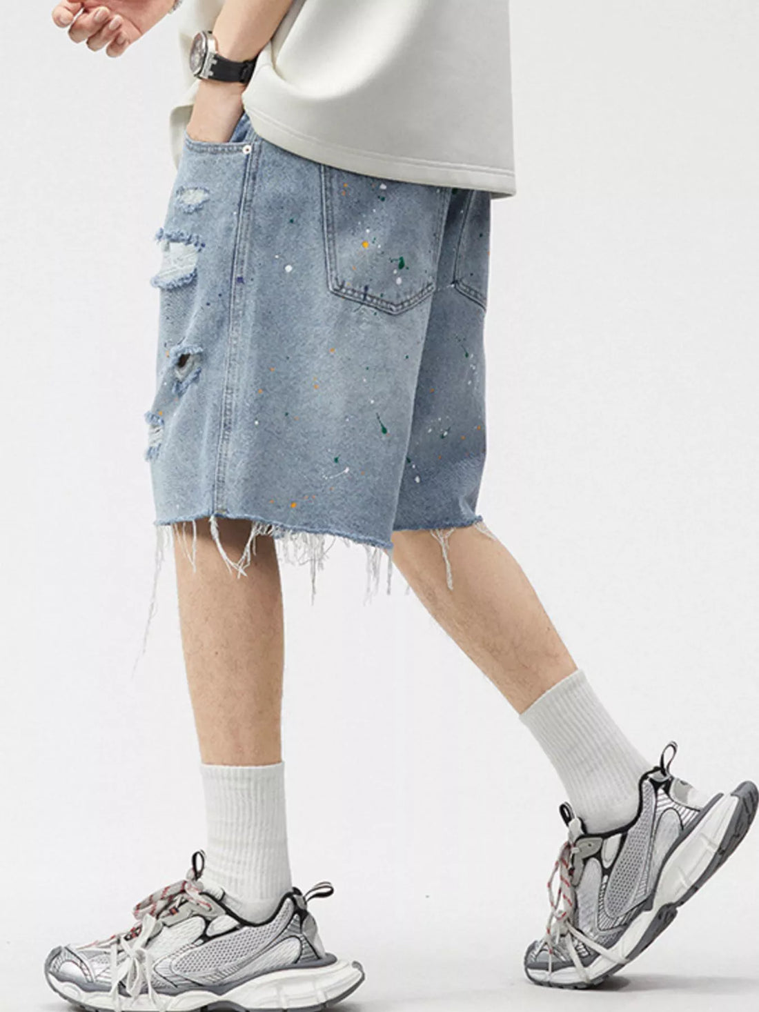 Men's Distressed Paint Splatter Denim Shorts - cas7m